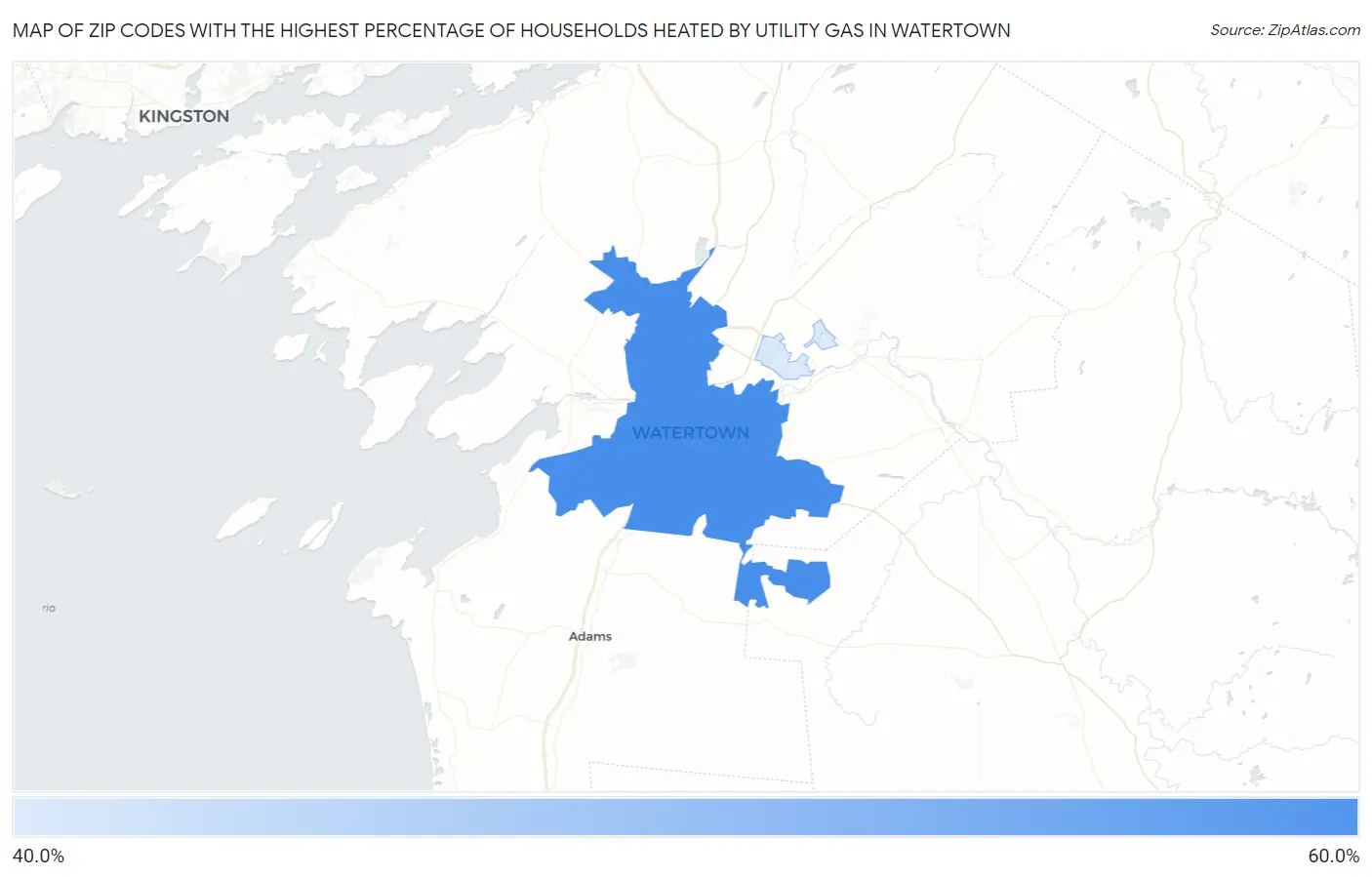 Zip Codes with the Highest Percentage of Households Heated by Utility Gas in Watertown Map