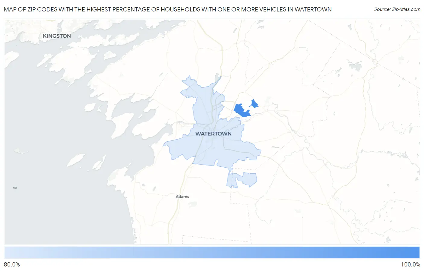 Zip Codes with the Highest Percentage of Households With One or more Vehicles in Watertown Map