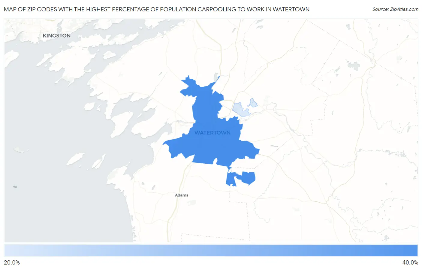 Zip Codes with the Highest Percentage of Population Carpooling to Work in Watertown Map