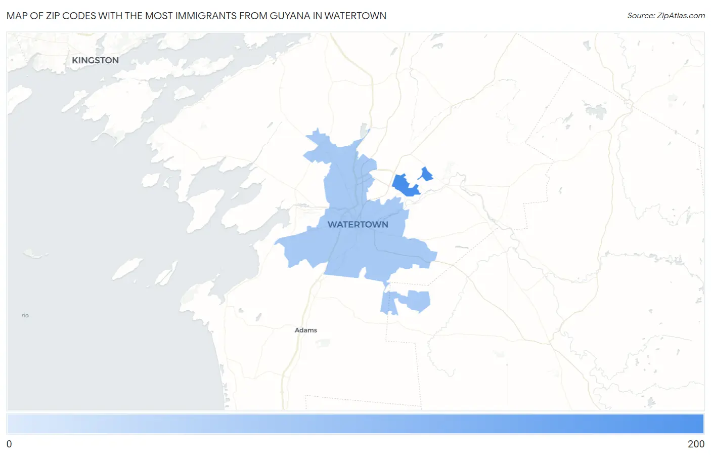 Zip Codes with the Most Immigrants from Guyana in Watertown Map