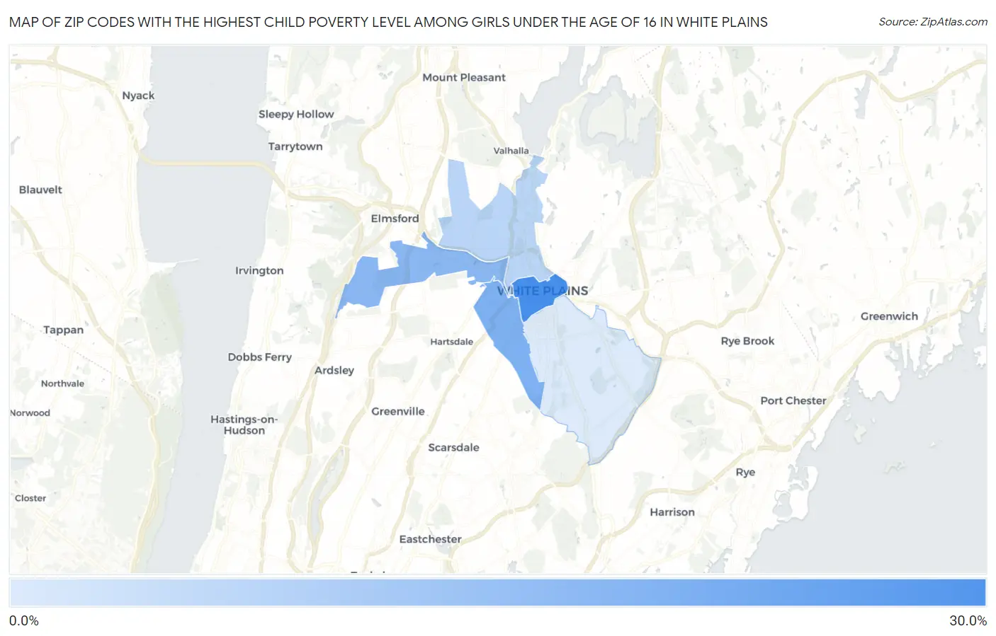 Zip Codes with the Highest Child Poverty Level Among Girls Under the Age of 16 in White Plains Map