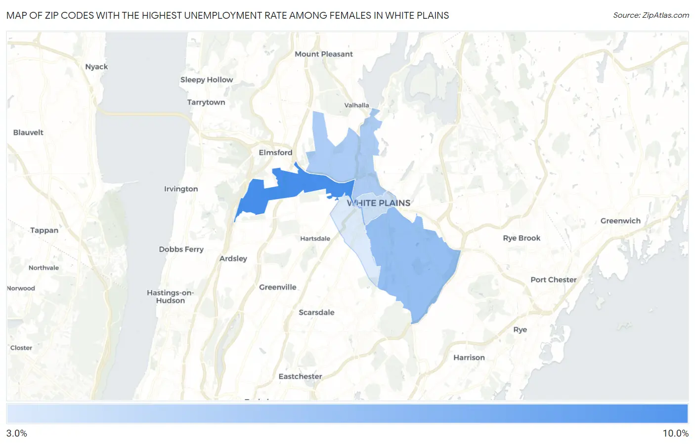 Zip Codes with the Highest Unemployment Rate Among Females in White Plains Map