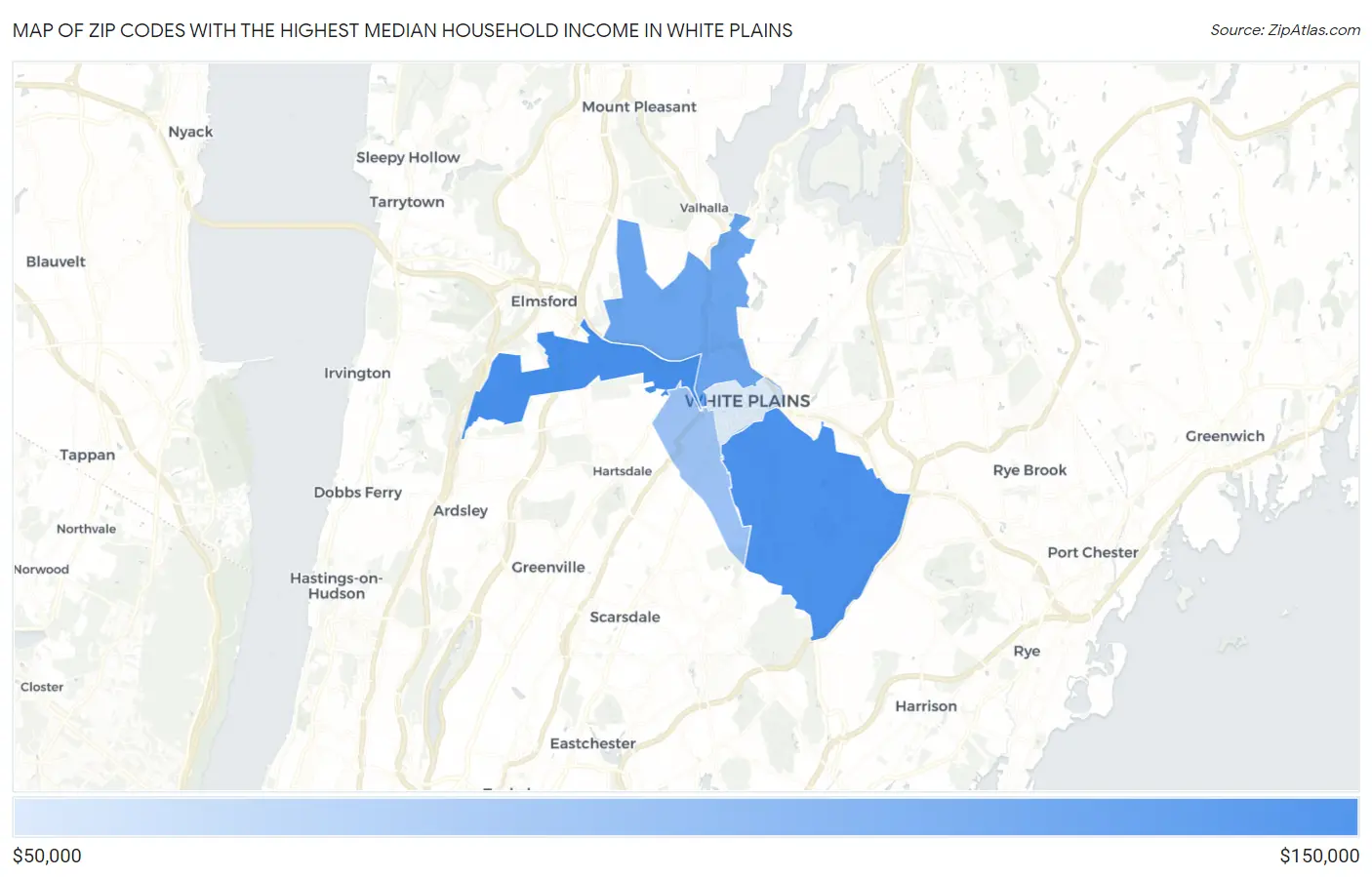 Zip Codes with the Highest Median Household Income in White Plains Map