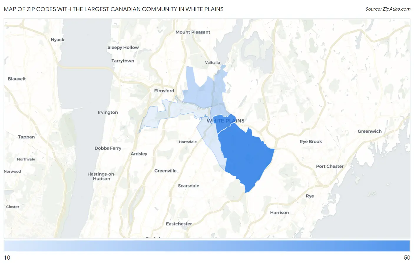 Zip Codes with the Largest Canadian Community in White Plains Map