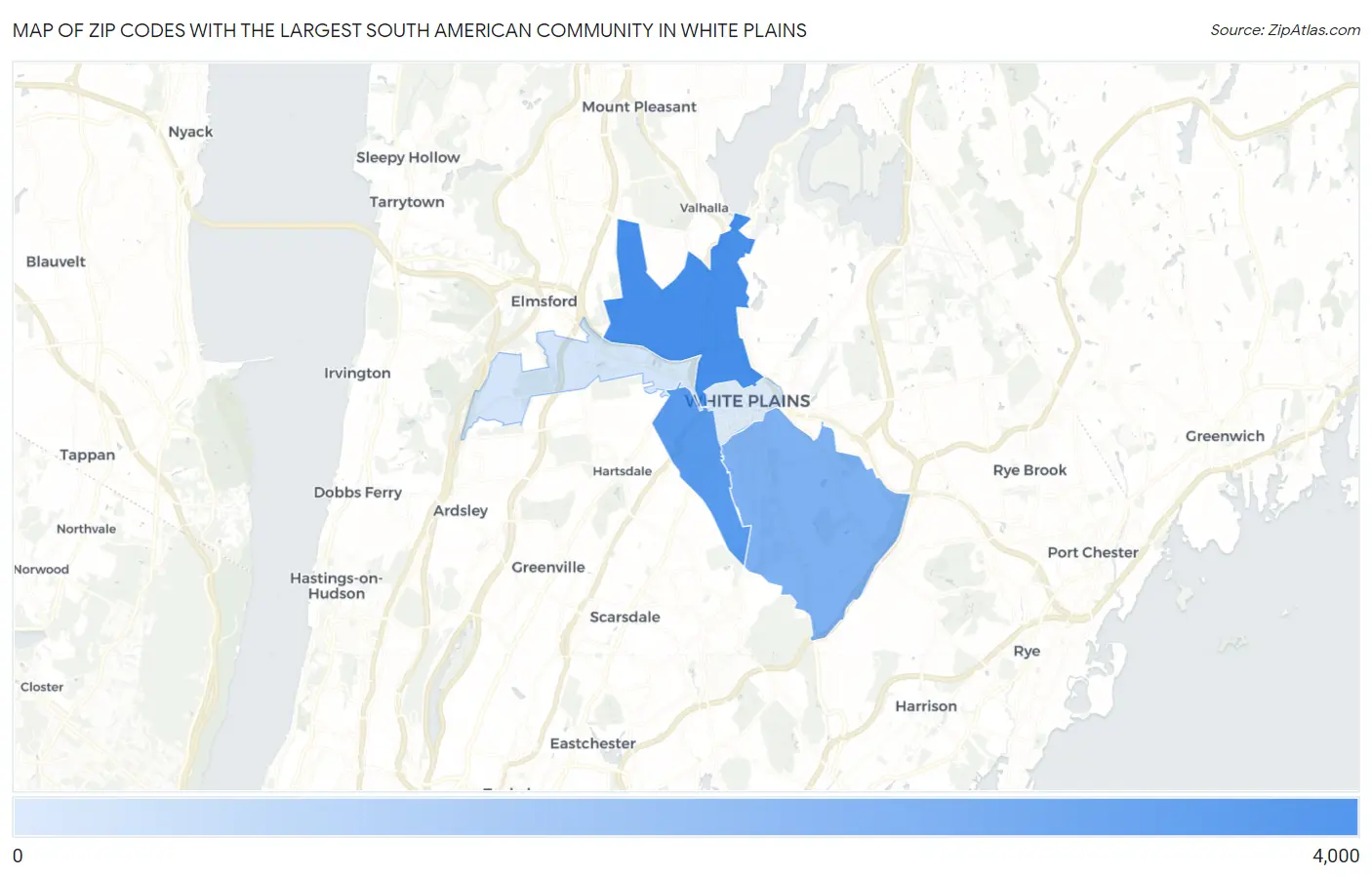 Zip Codes with the Largest South American Community in White Plains Map