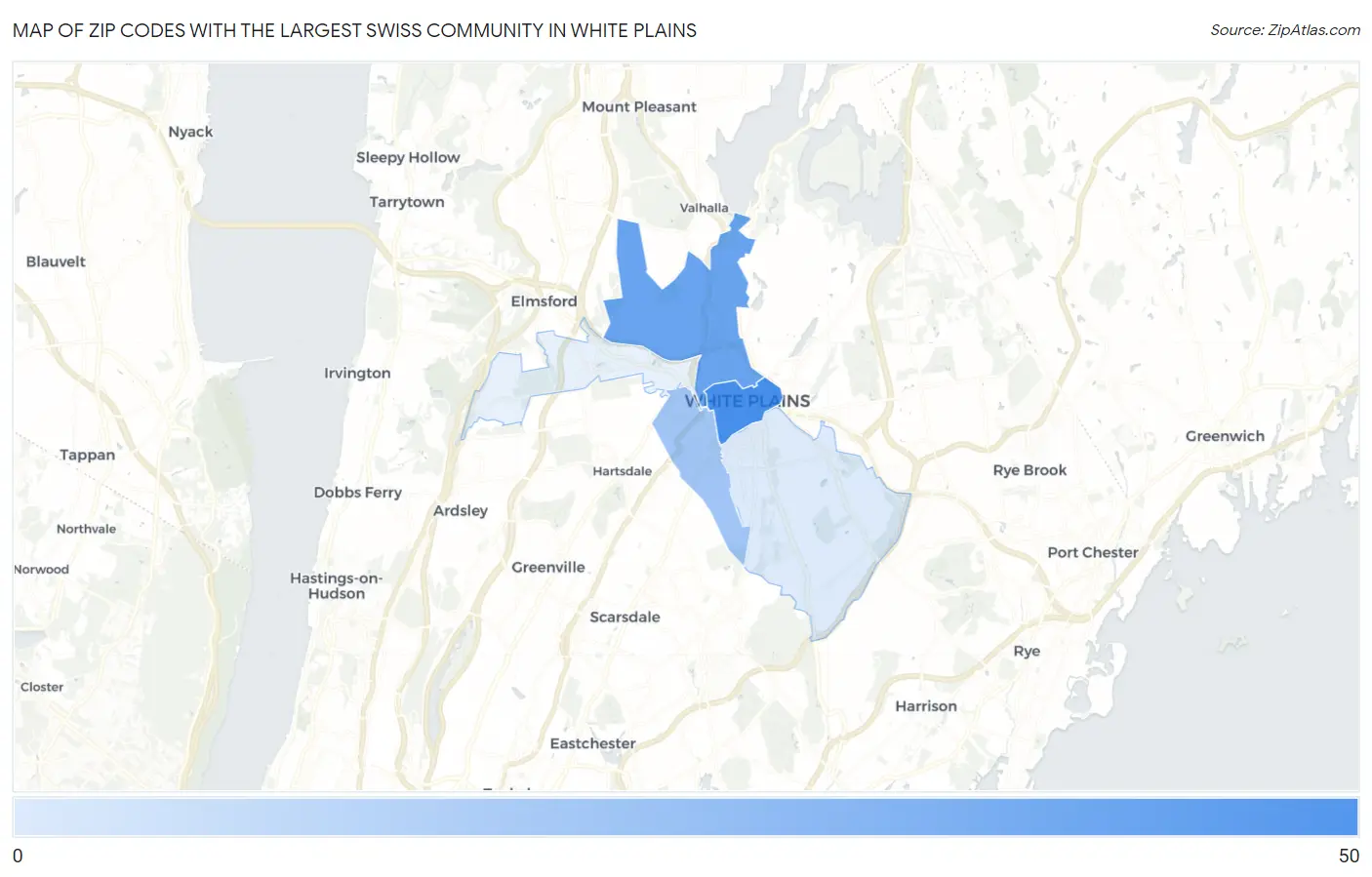 Zip Codes with the Largest Swiss Community in White Plains Map