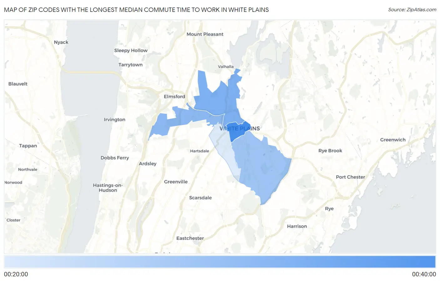 Zip Codes with the Longest Median Commute Time to Work in White Plains Map