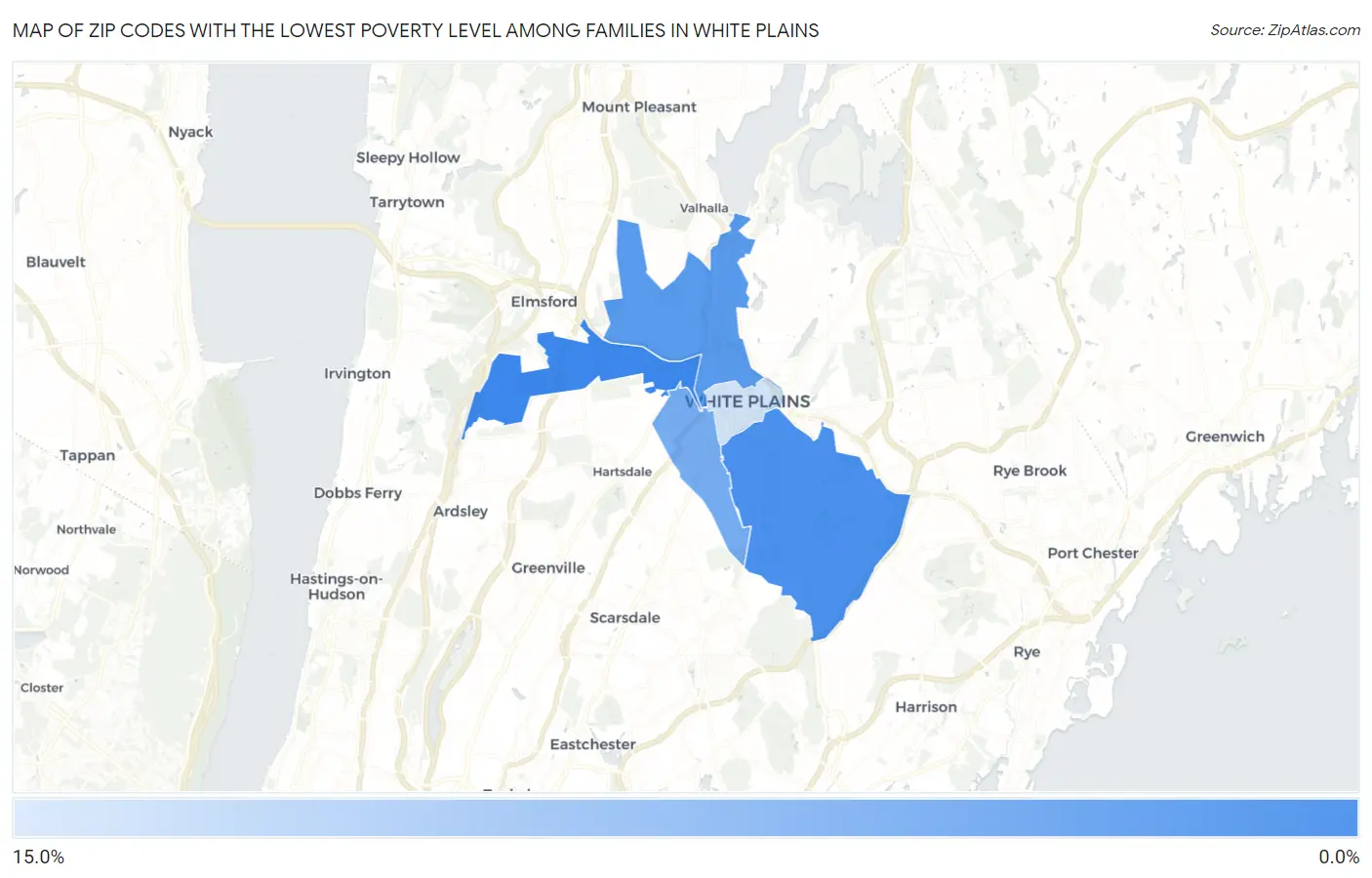 Zip Codes with the Lowest Poverty Level Among Families in White Plains Map