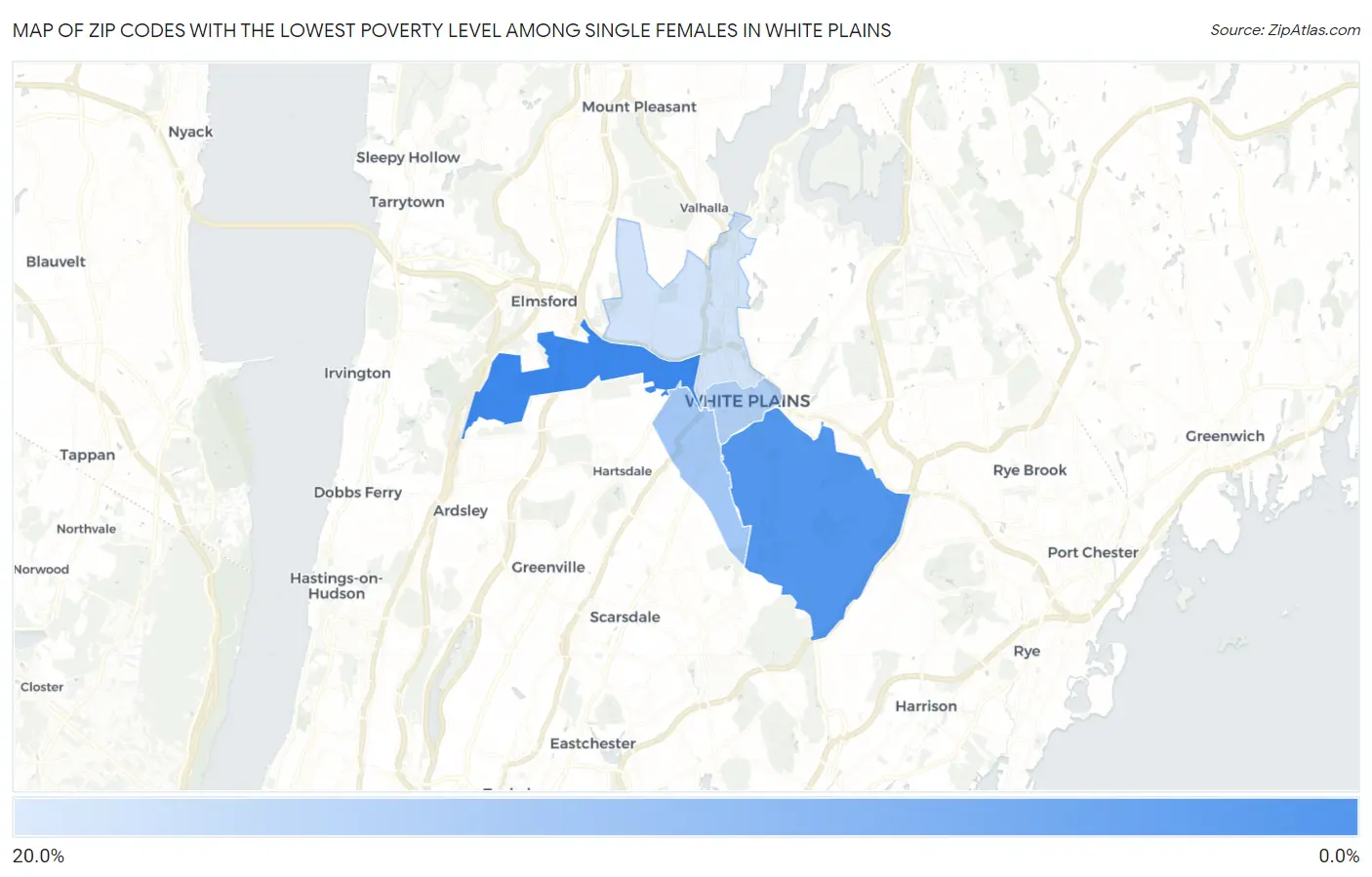 Zip Codes with the Lowest Poverty Level Among Single Females in White Plains Map