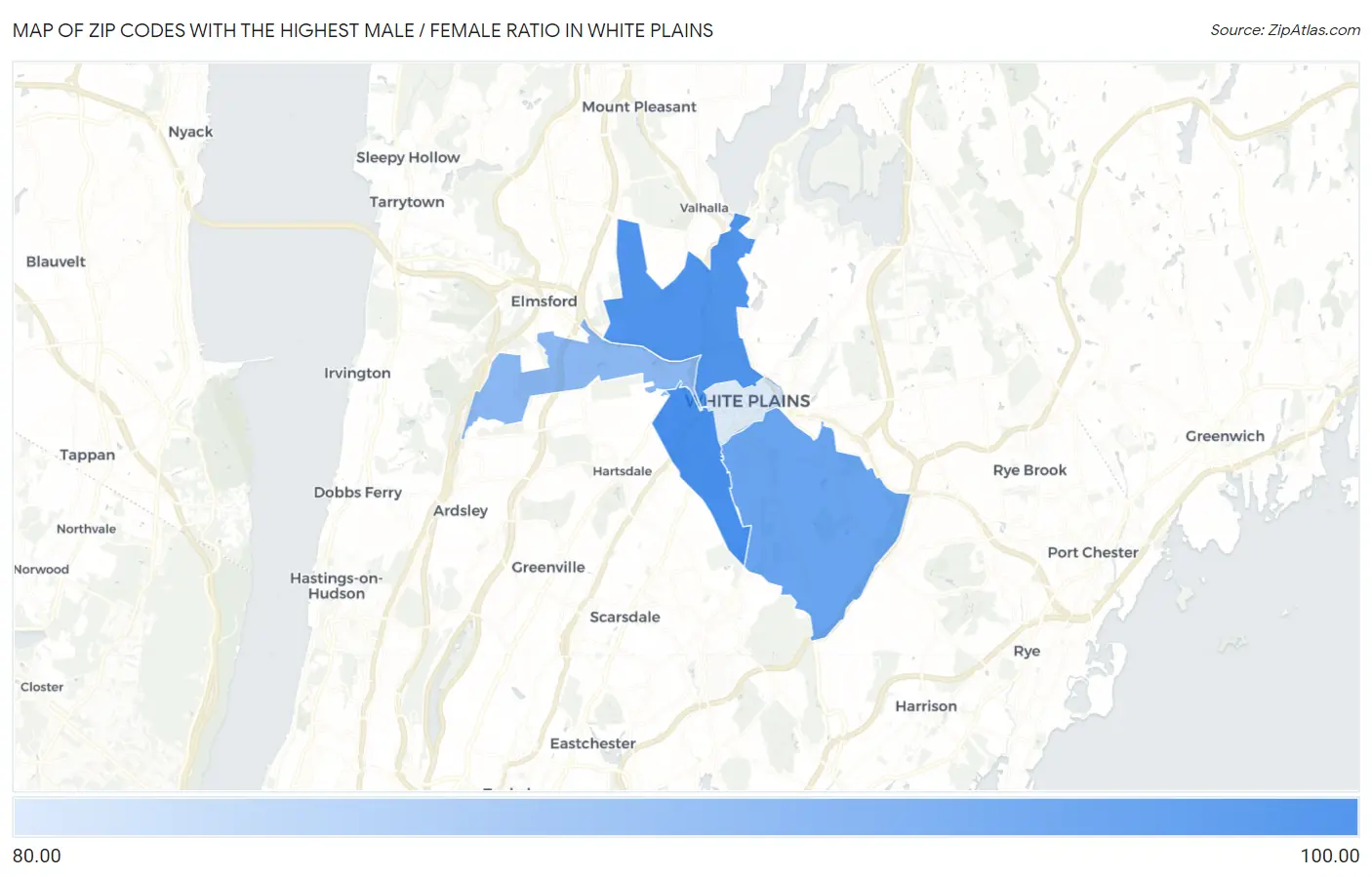 Zip Codes with the Highest Male / Female Ratio in White Plains Map