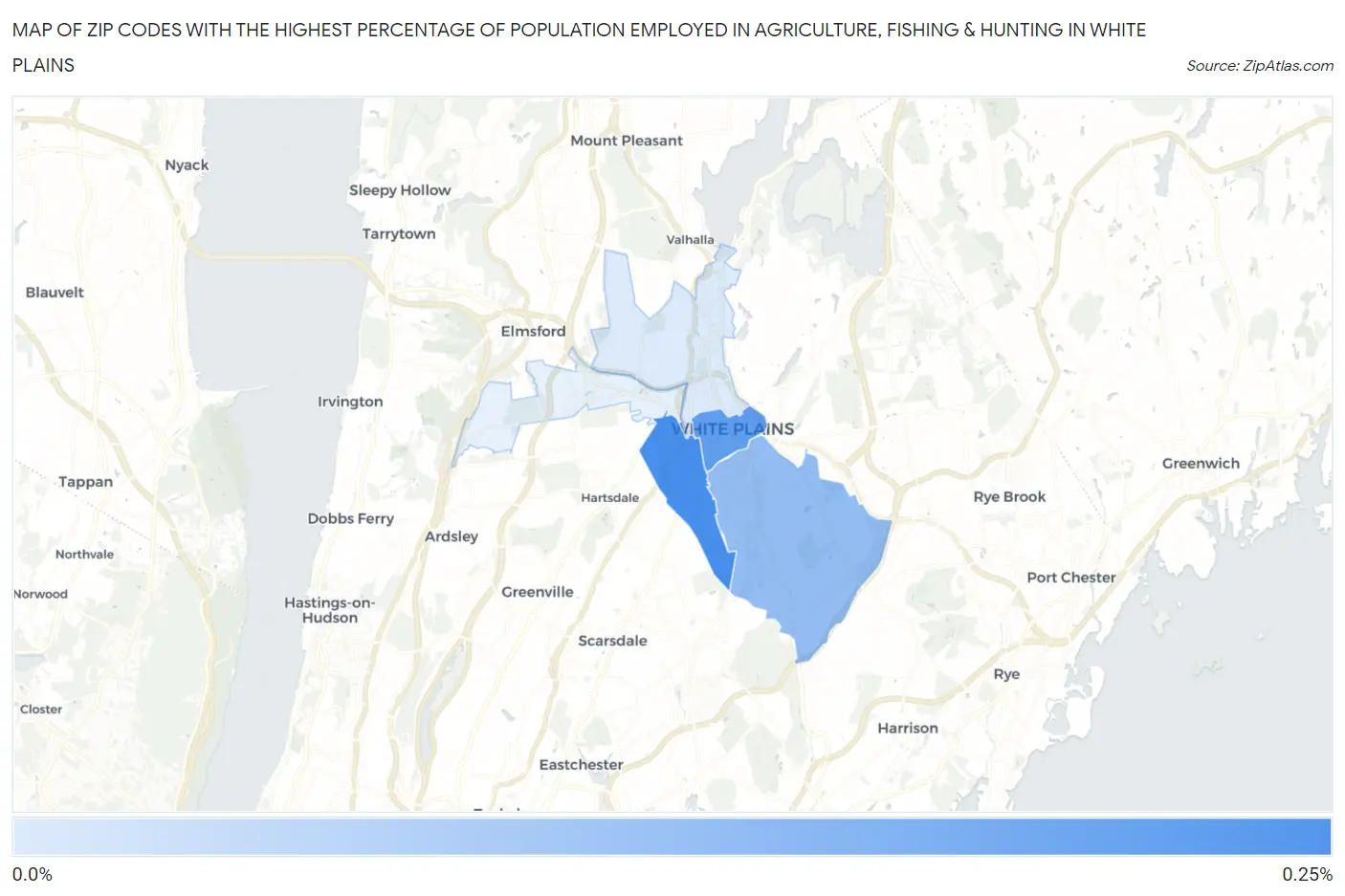 Zip Codes with the Highest Percentage of Population Employed in Agriculture, Fishing & Hunting in White Plains Map