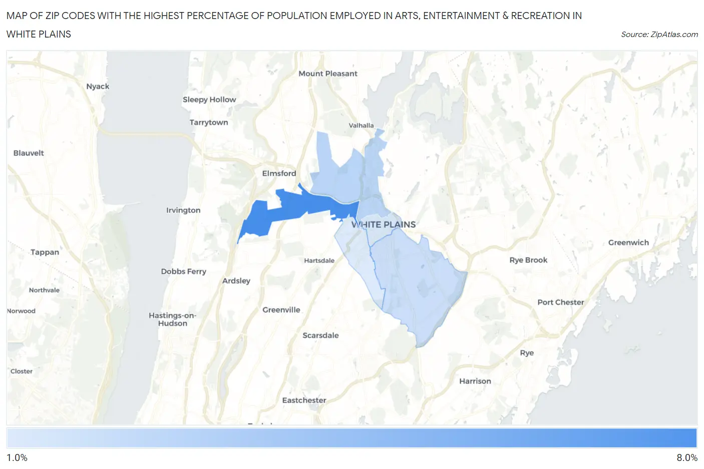 Zip Codes with the Highest Percentage of Population Employed in Arts, Entertainment & Recreation in White Plains Map