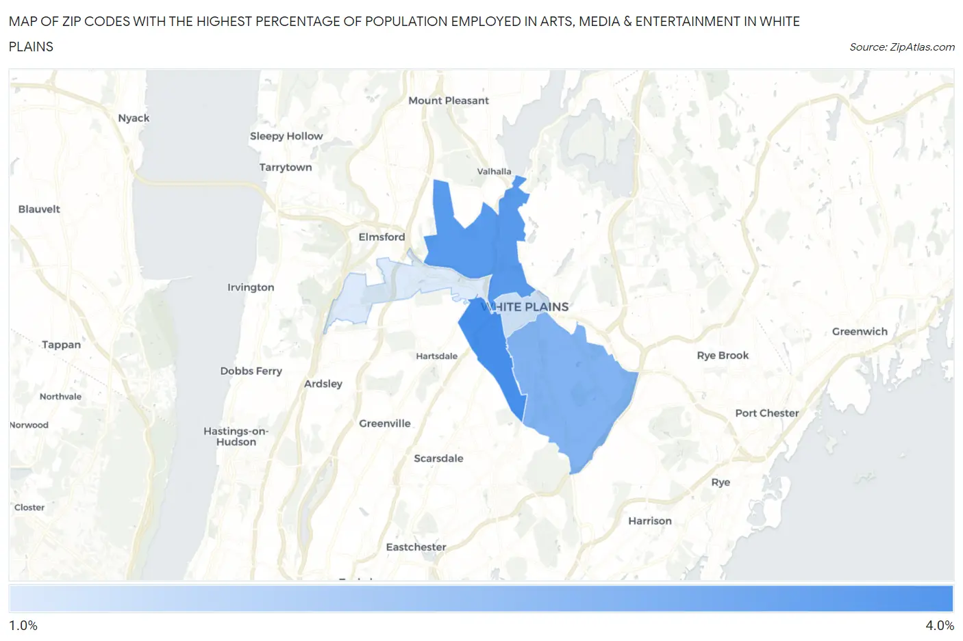 Zip Codes with the Highest Percentage of Population Employed in Arts, Media & Entertainment in White Plains Map