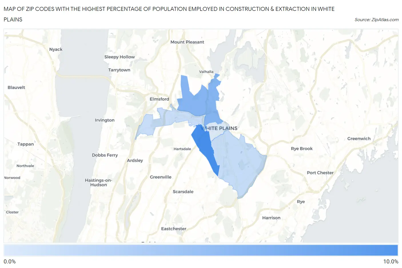 Zip Codes with the Highest Percentage of Population Employed in Construction & Extraction in White Plains Map
