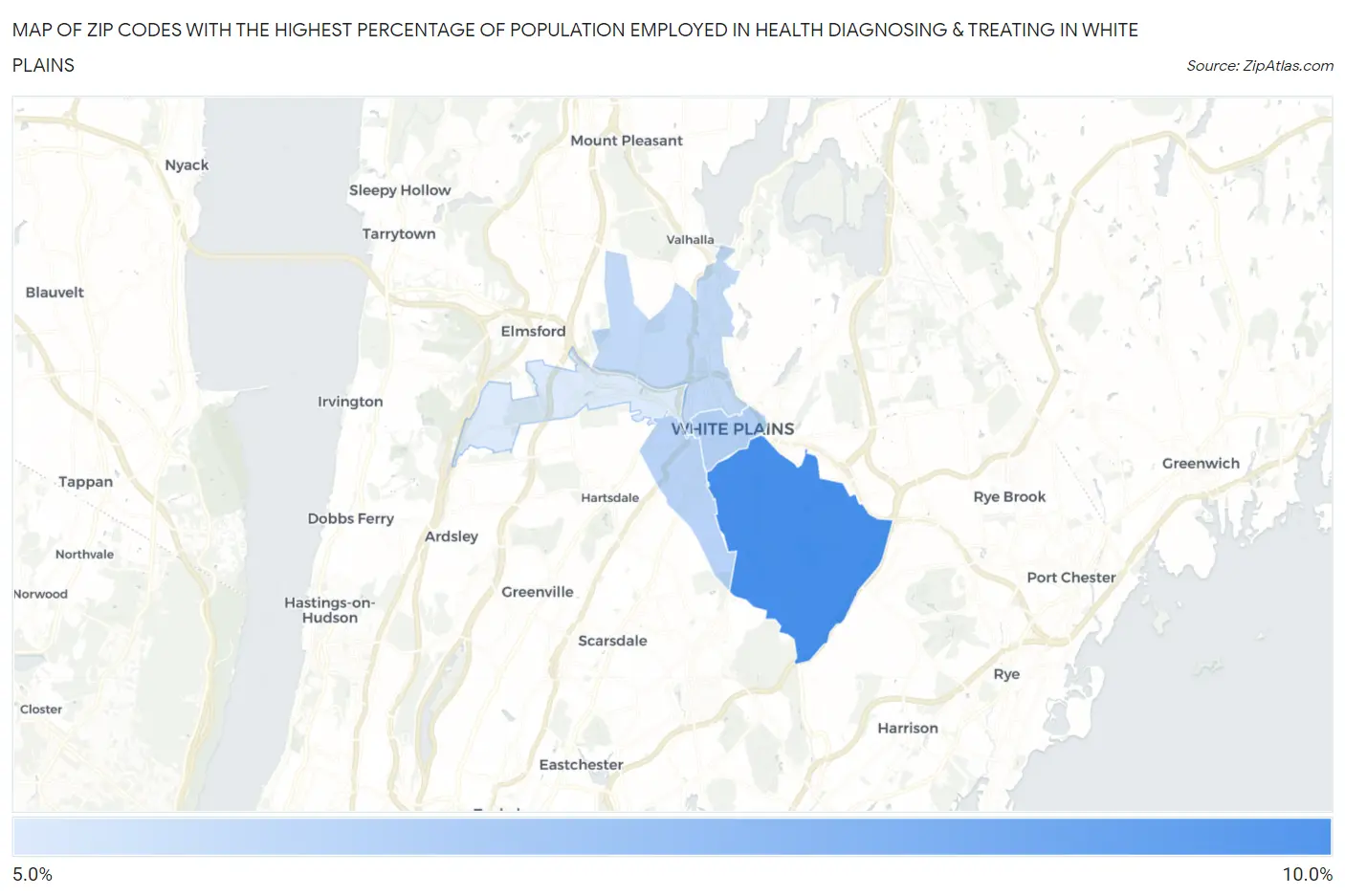 Zip Codes with the Highest Percentage of Population Employed in Health Diagnosing & Treating in White Plains Map