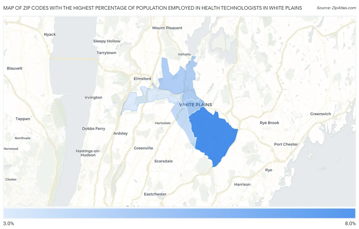 Zip Codes with the Highest Percentage of Population Employed in Health Technologists in White Plains Map