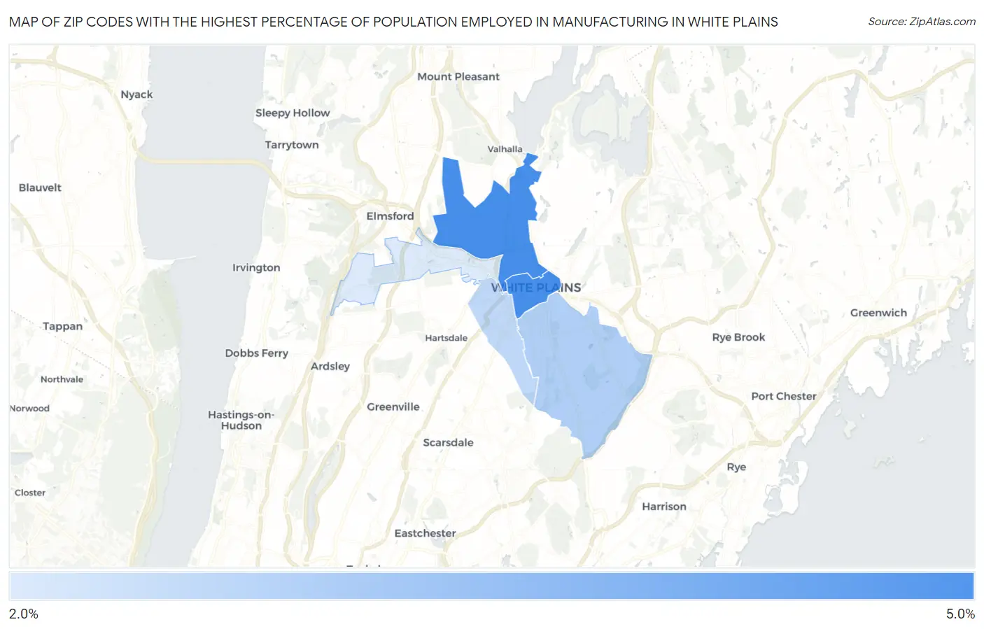 Zip Codes with the Highest Percentage of Population Employed in Manufacturing in White Plains Map