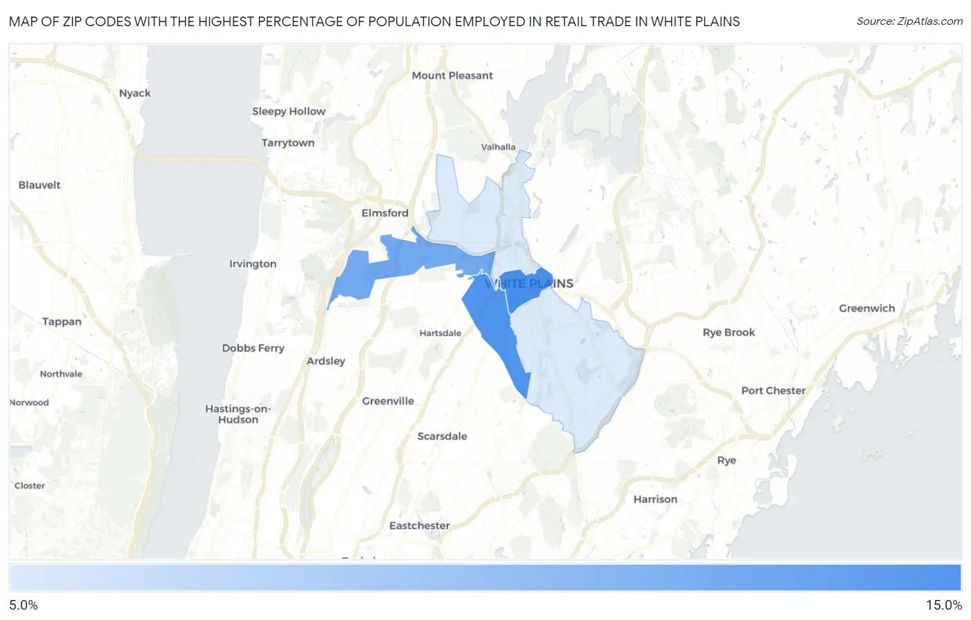 Zip Codes with the Highest Percentage of Population Employed in Retail Trade in White Plains Map