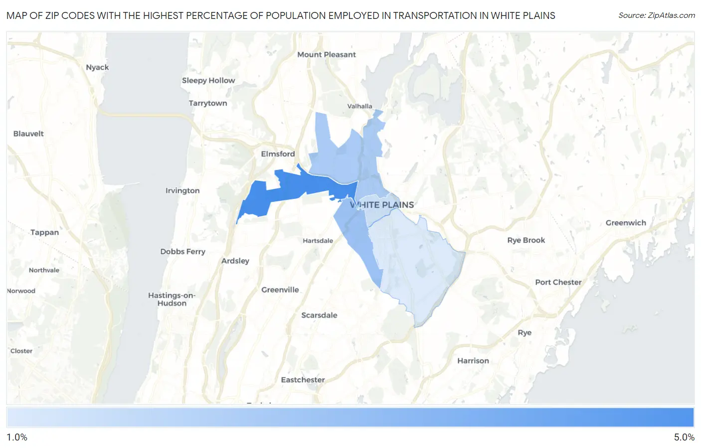 Zip Codes with the Highest Percentage of Population Employed in Transportation in White Plains Map