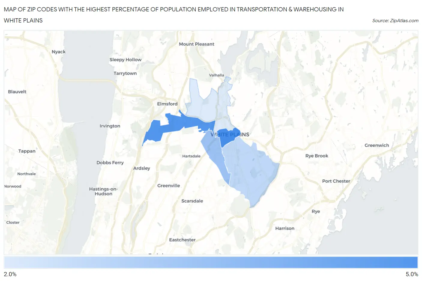 Zip Codes with the Highest Percentage of Population Employed in Transportation & Warehousing in White Plains Map