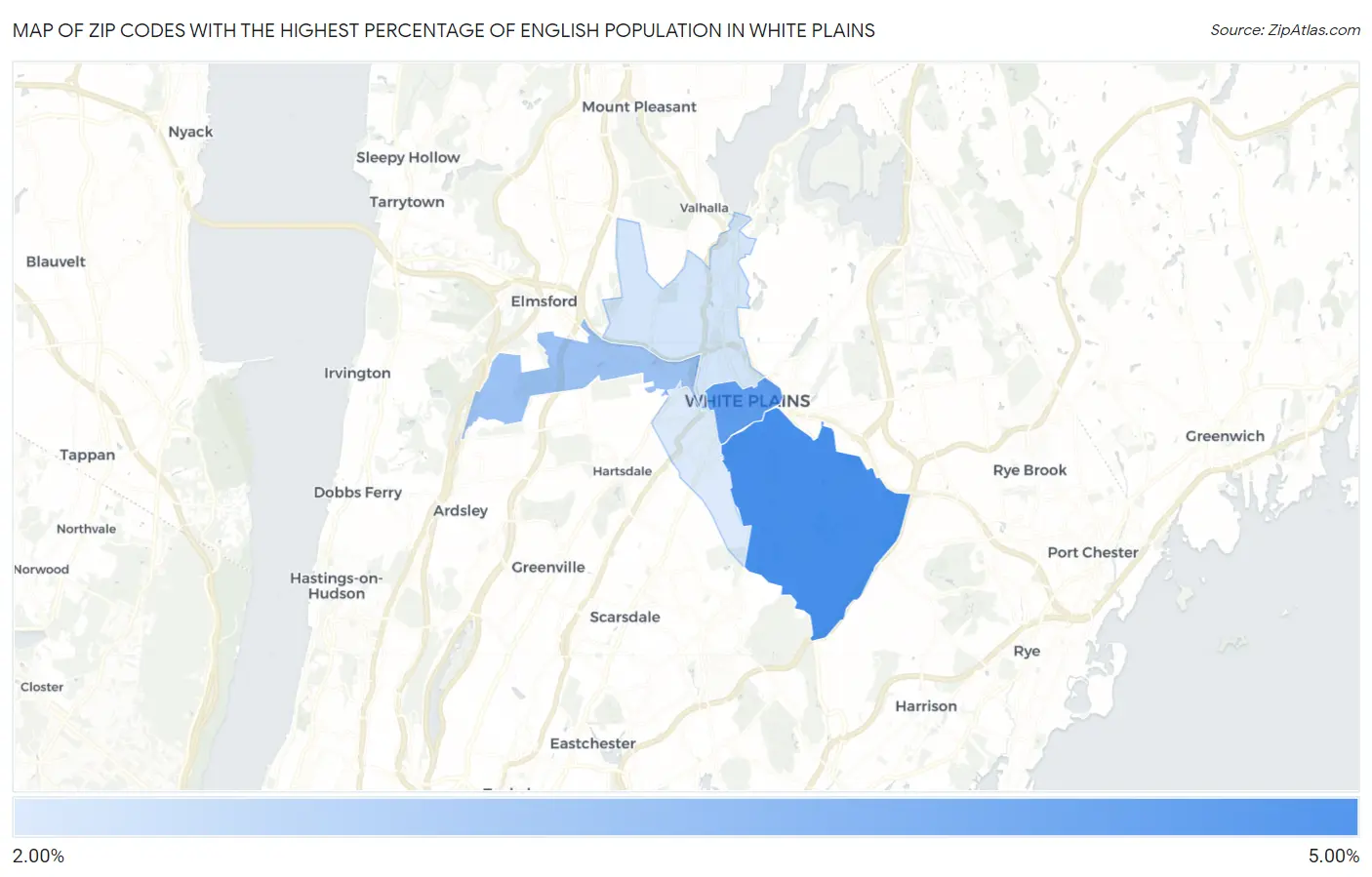 Zip Codes with the Highest Percentage of English Population in White Plains Map