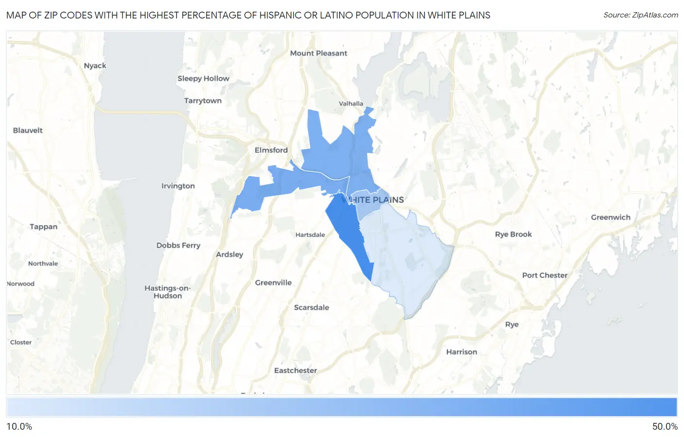 Zip Codes with the Highest Percentage of Hispanic or Latino Population in White Plains Map