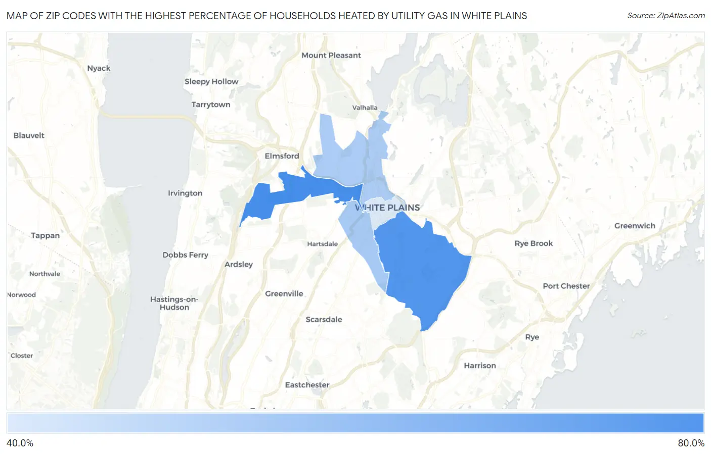Zip Codes with the Highest Percentage of Households Heated by Utility Gas in White Plains Map