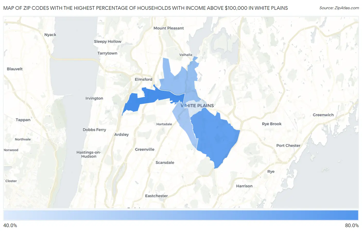 Zip Codes with the Highest Percentage of Households with Income Above $100,000 in White Plains Map