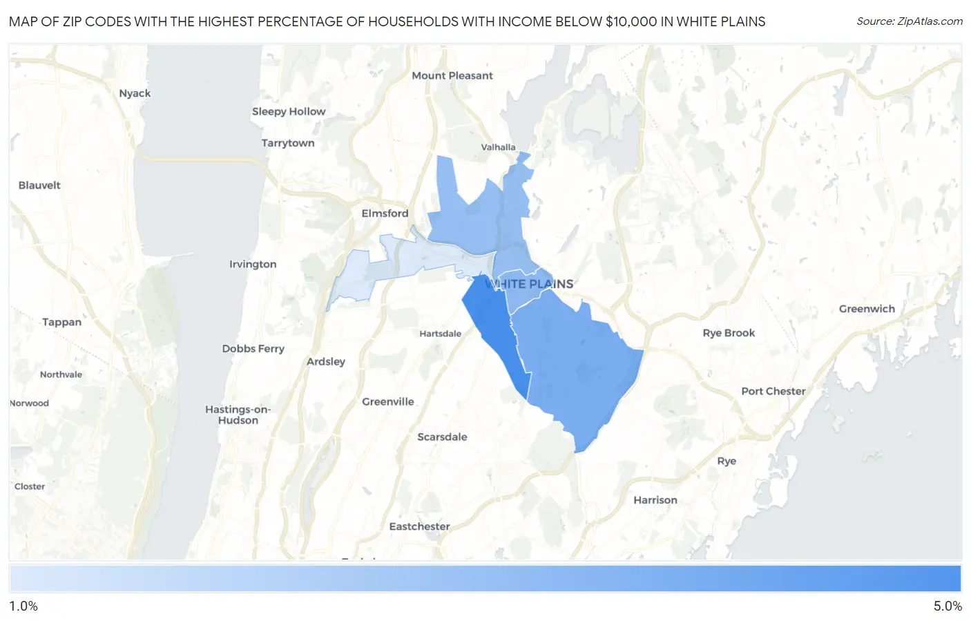 Zip Codes with the Highest Percentage of Households with Income Below $10,000 in White Plains Map