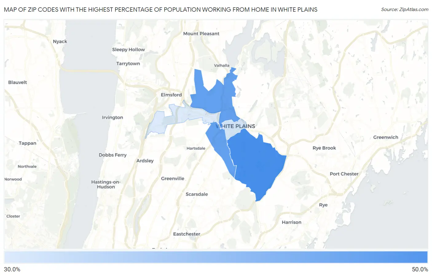 Zip Codes with the Highest Percentage of Population Working from Home in White Plains Map