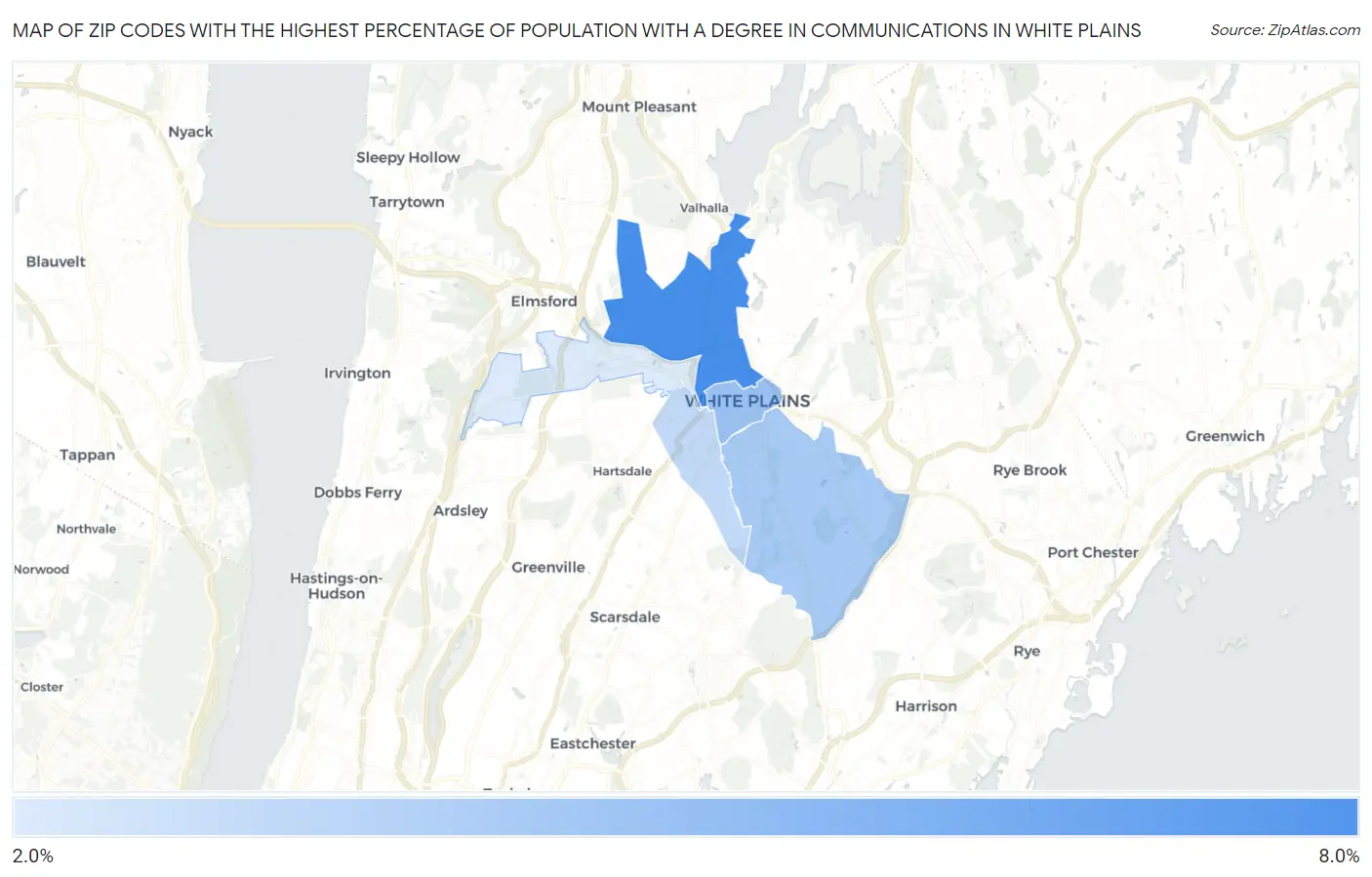 Zip Codes with the Highest Percentage of Population with a Degree in Communications in White Plains Map