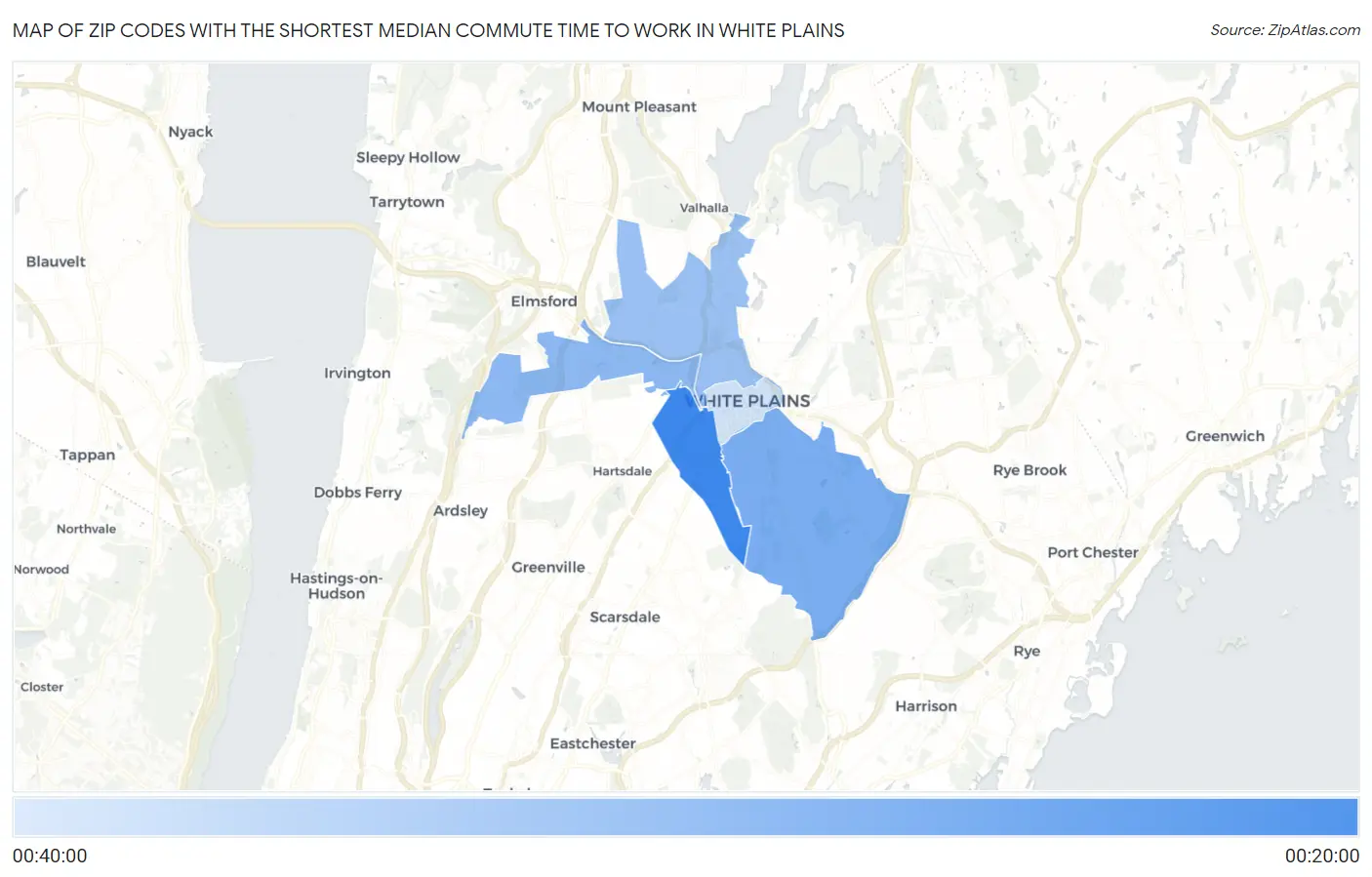Zip Codes with the Shortest Median Commute Time to Work in White Plains Map