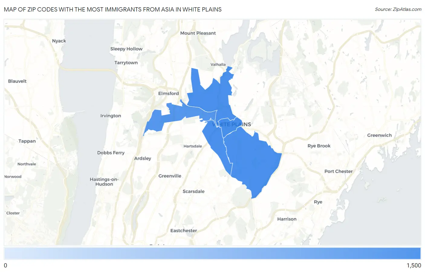 Zip Codes with the Most Immigrants from Asia in White Plains Map