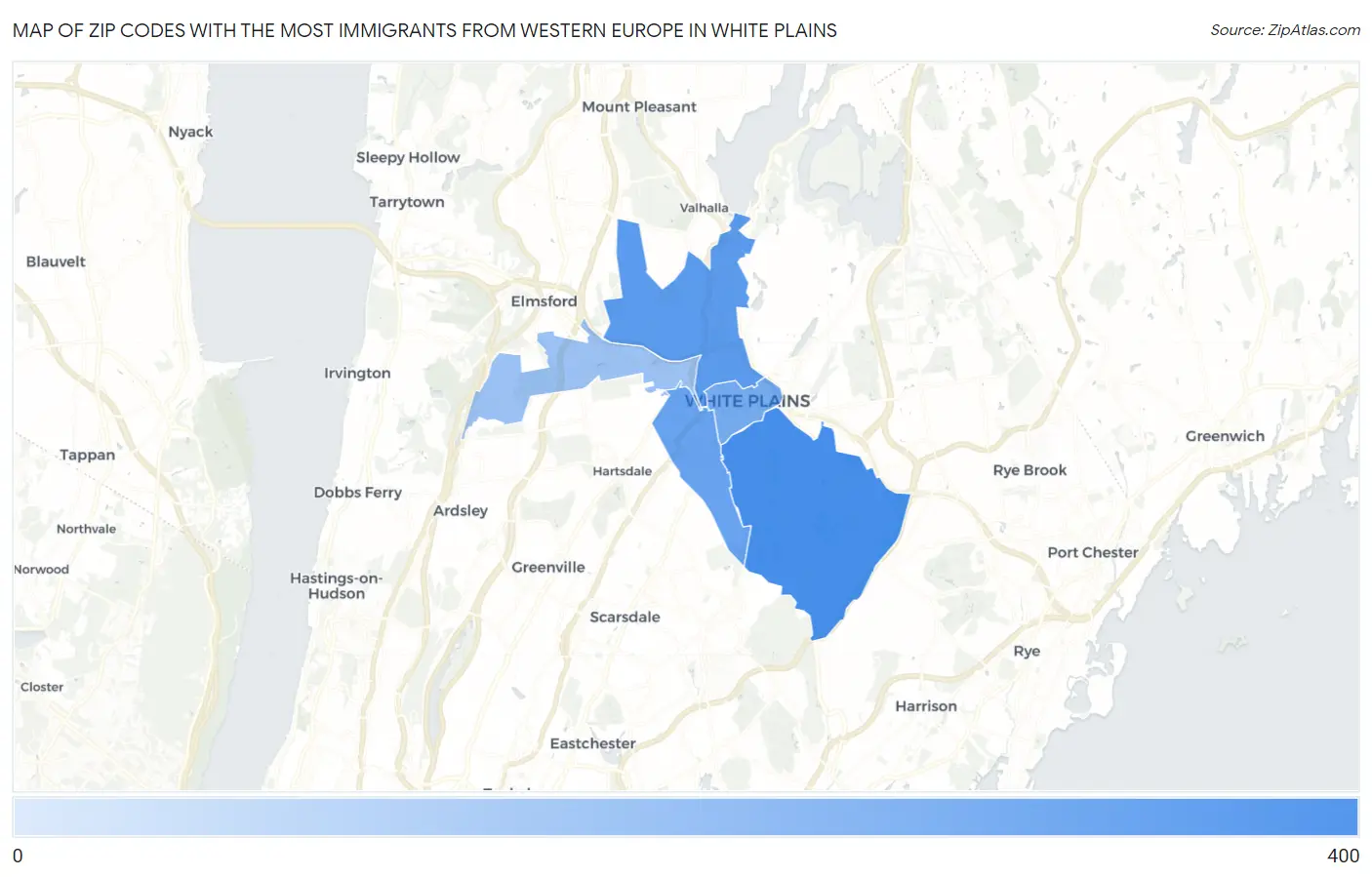 Zip Codes with the Most Immigrants from Western Europe in White Plains Map