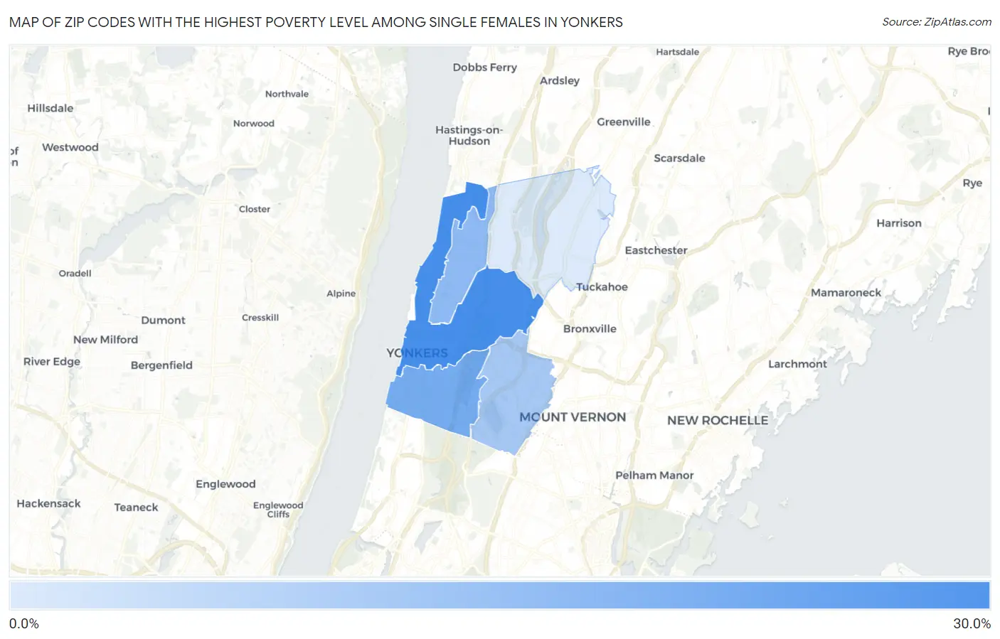 Zip Codes with the Highest Poverty Level Among Single Females in Yonkers Map