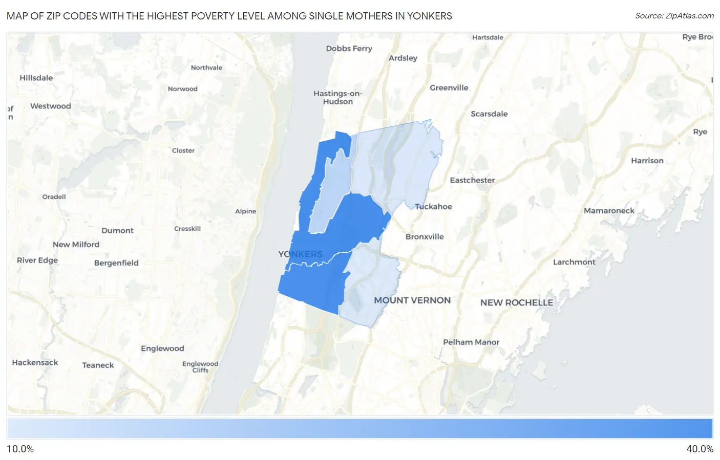 Zip Codes with the Highest Poverty Level Among Single Mothers in Yonkers Map