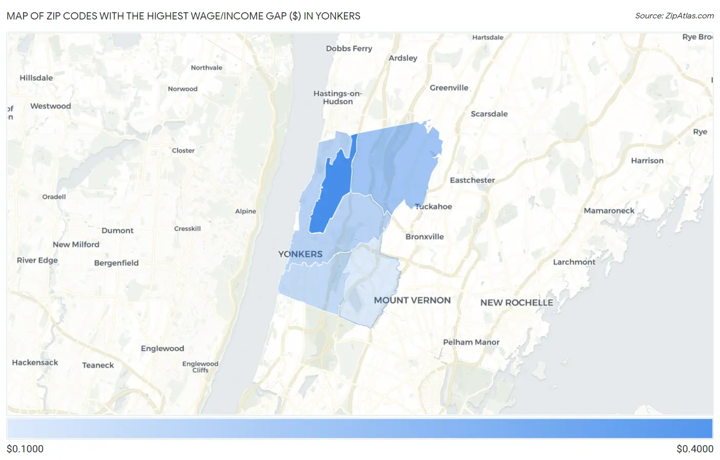 Zip Codes with the Highest Wage/Income Gap ($) in Yonkers Map