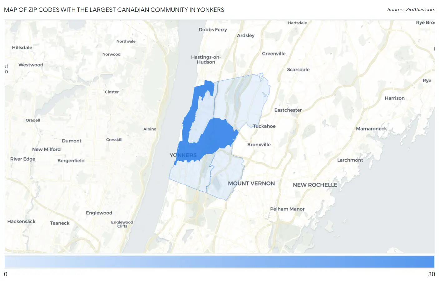Zip Codes with the Largest Canadian Community in Yonkers Map