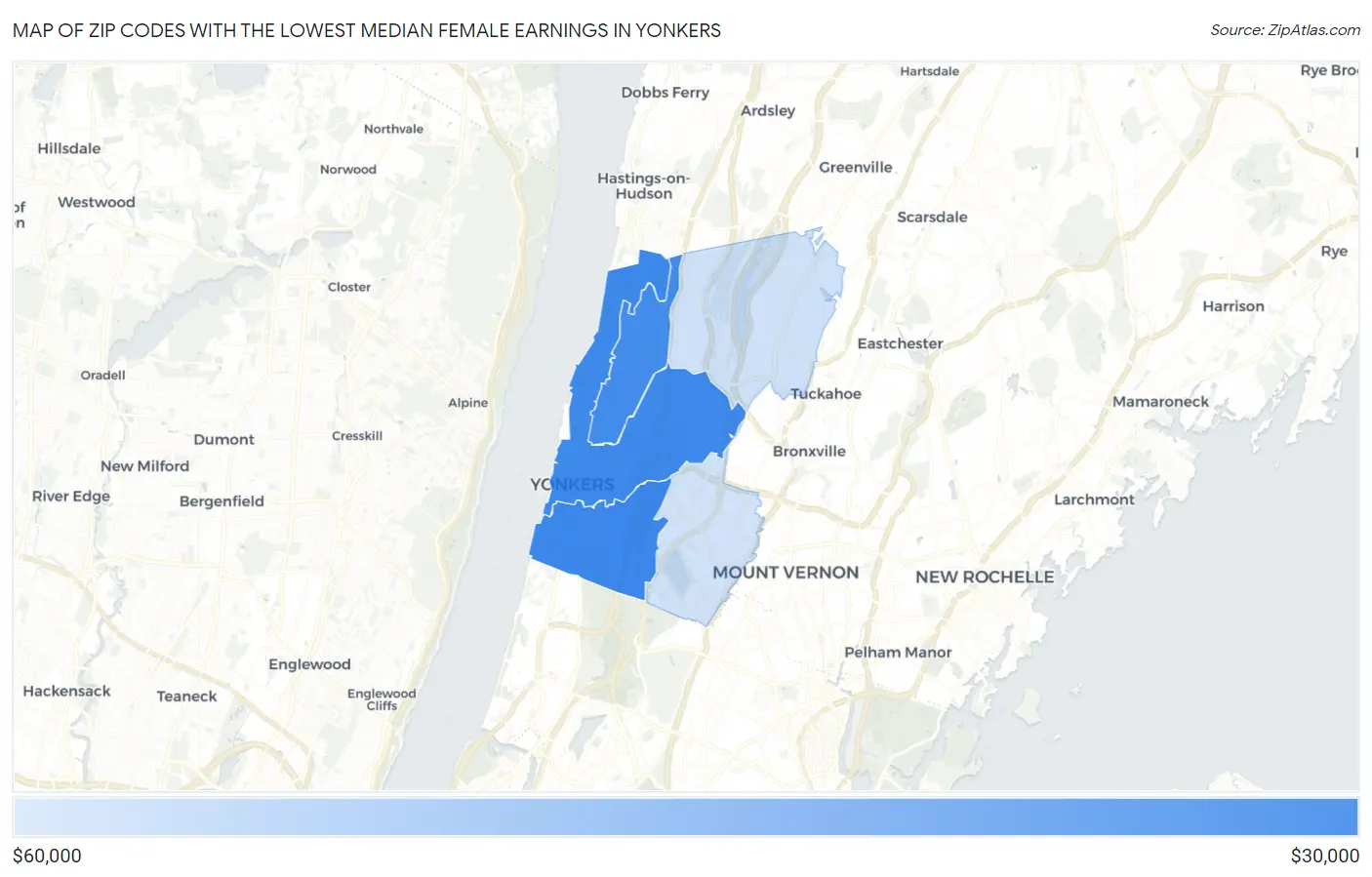 Zip Codes with the Lowest Median Female Earnings in Yonkers Map