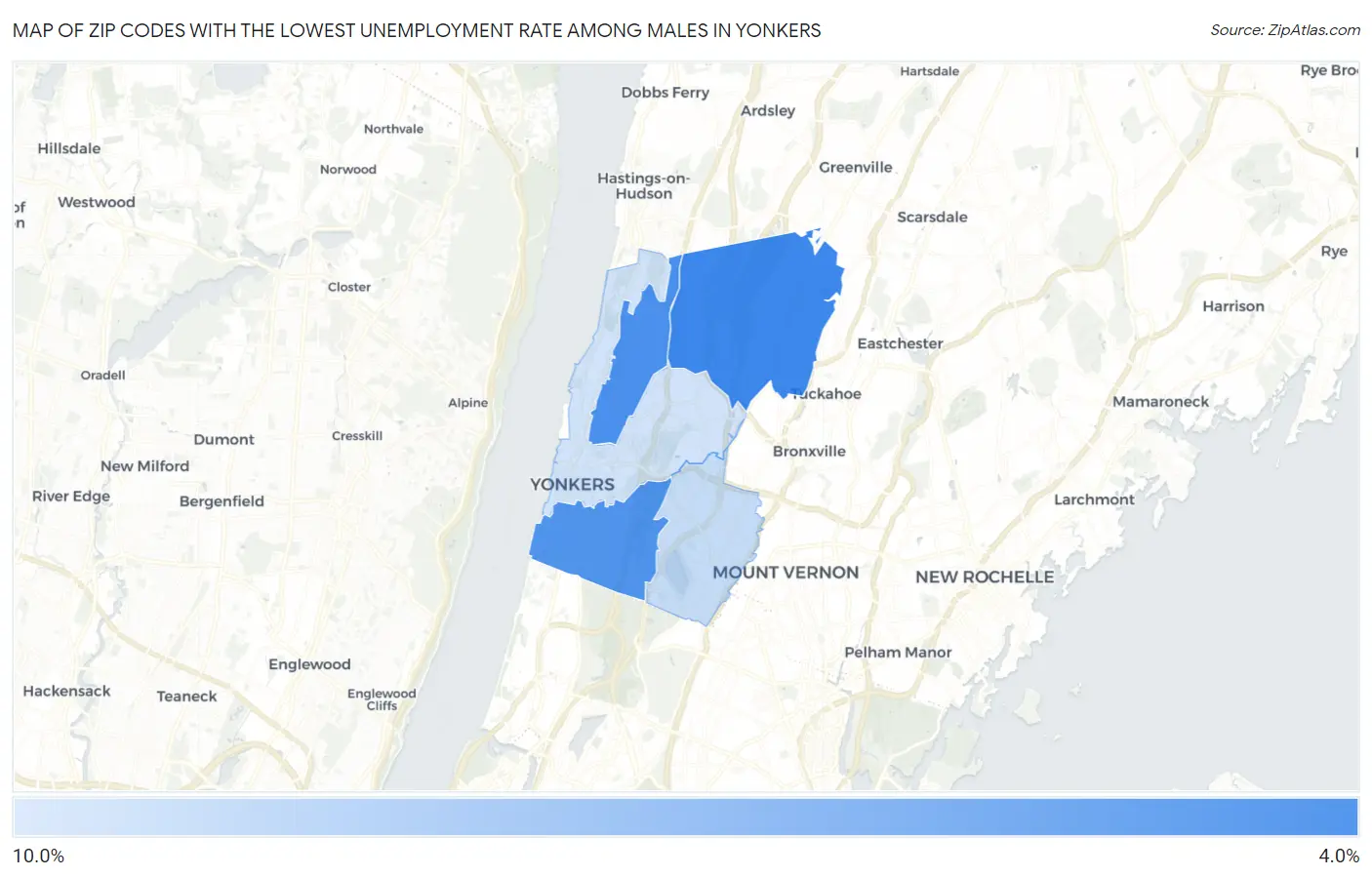 Zip Codes with the Lowest Unemployment Rate Among Males in Yonkers Map