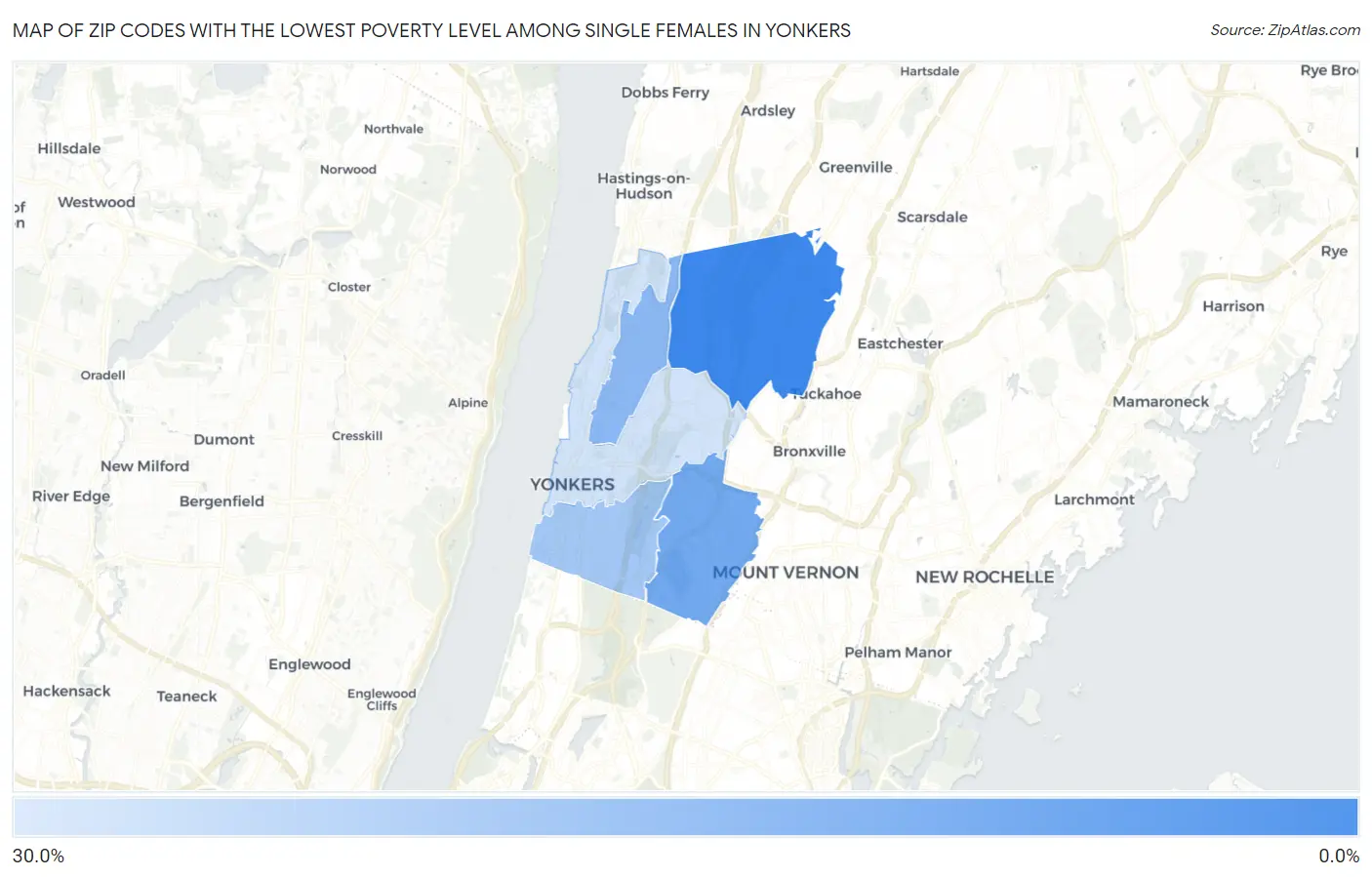 Zip Codes with the Lowest Poverty Level Among Single Females in Yonkers Map