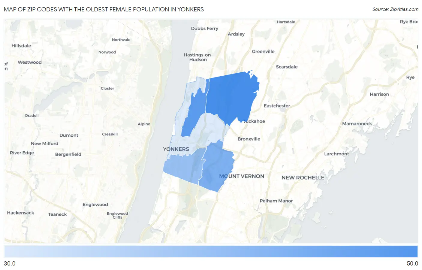 Zip Codes with the Oldest Female Population in Yonkers Map