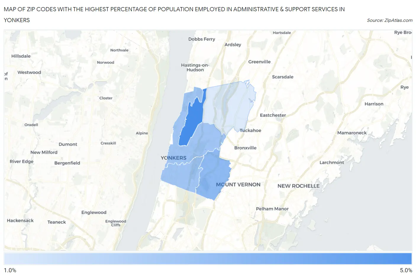 Zip Codes with the Highest Percentage of Population Employed in Administrative & Support Services in Yonkers Map
