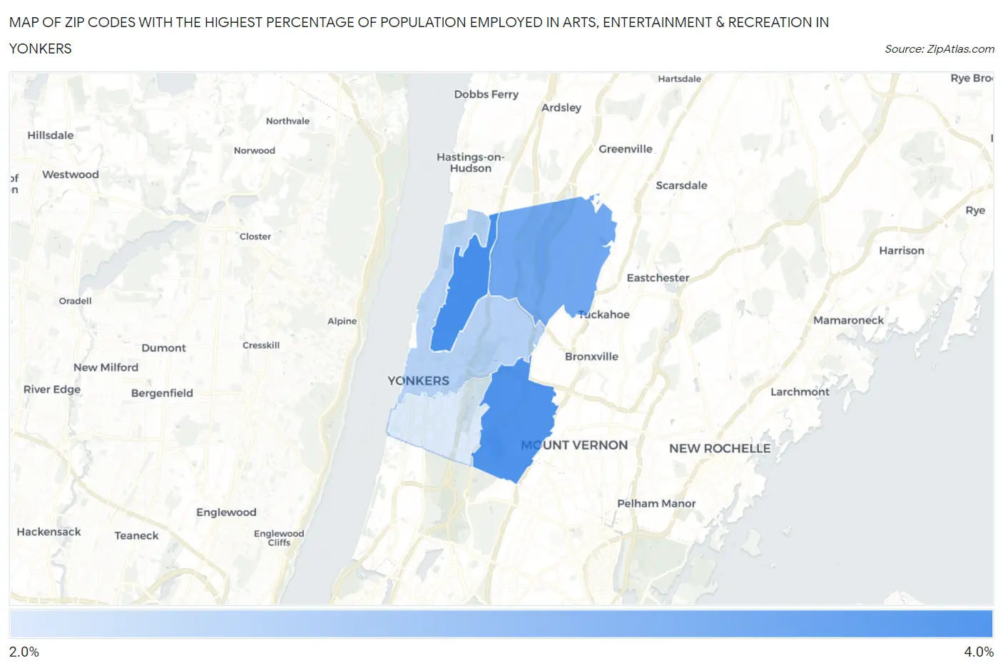 Zip Codes with the Highest Percentage of Population Employed in Arts, Entertainment & Recreation in Yonkers Map