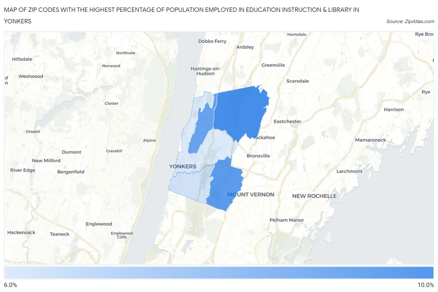 Zip Codes with the Highest Percentage of Population Employed in Education Instruction & Library in Yonkers Map