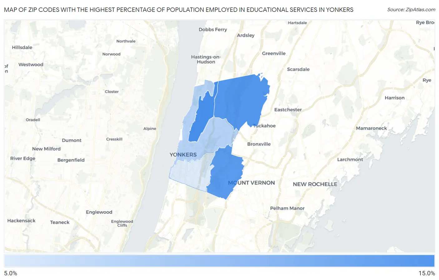 Zip Codes with the Highest Percentage of Population Employed in Educational Services in Yonkers Map