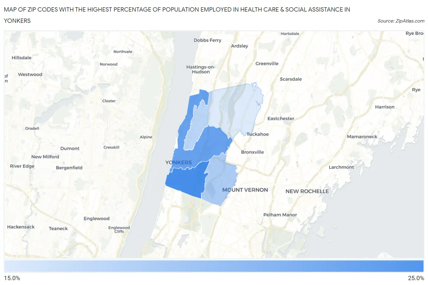 Zip Codes with the Highest Percentage of Population Employed in Health Care & Social Assistance in Yonkers Map