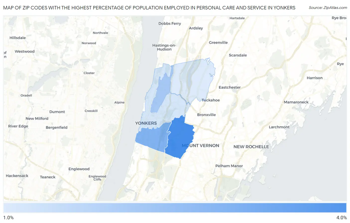 Zip Codes with the Highest Percentage of Population Employed in Personal Care and Service in Yonkers Map