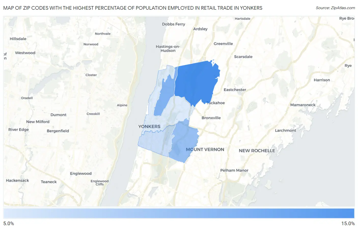 Zip Codes with the Highest Percentage of Population Employed in Retail Trade in Yonkers Map