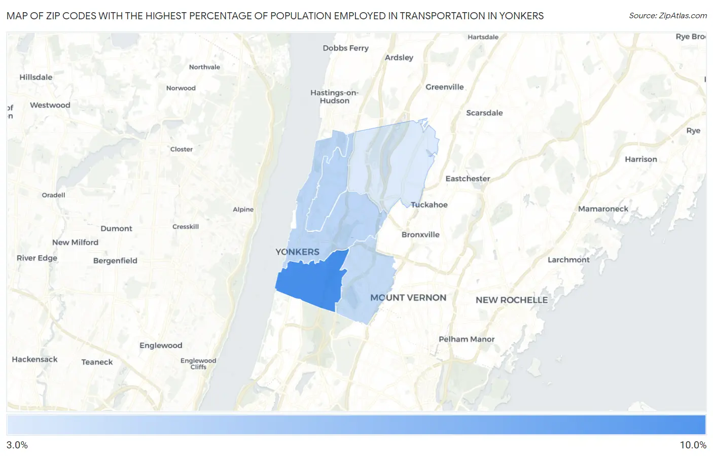 Zip Codes with the Highest Percentage of Population Employed in Transportation in Yonkers Map